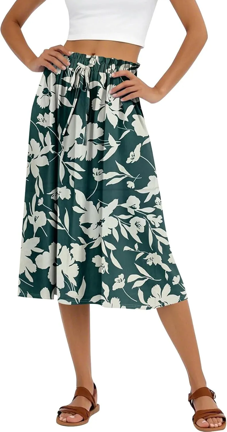 Summer Skirt for Women Midi Wrap Skirt Drawstring High Waist Knee Length Skirts A Line Floral Graphic Bohemian Skirt