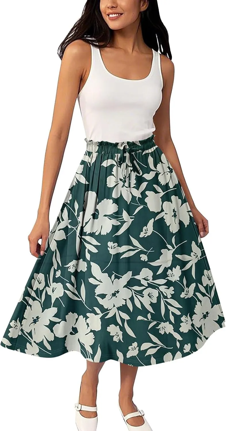 Summer Skirt for Women Midi Wrap Skirt Drawstring High Waist Knee Length Skirts A Line Floral Graphic Bohemian Skirt