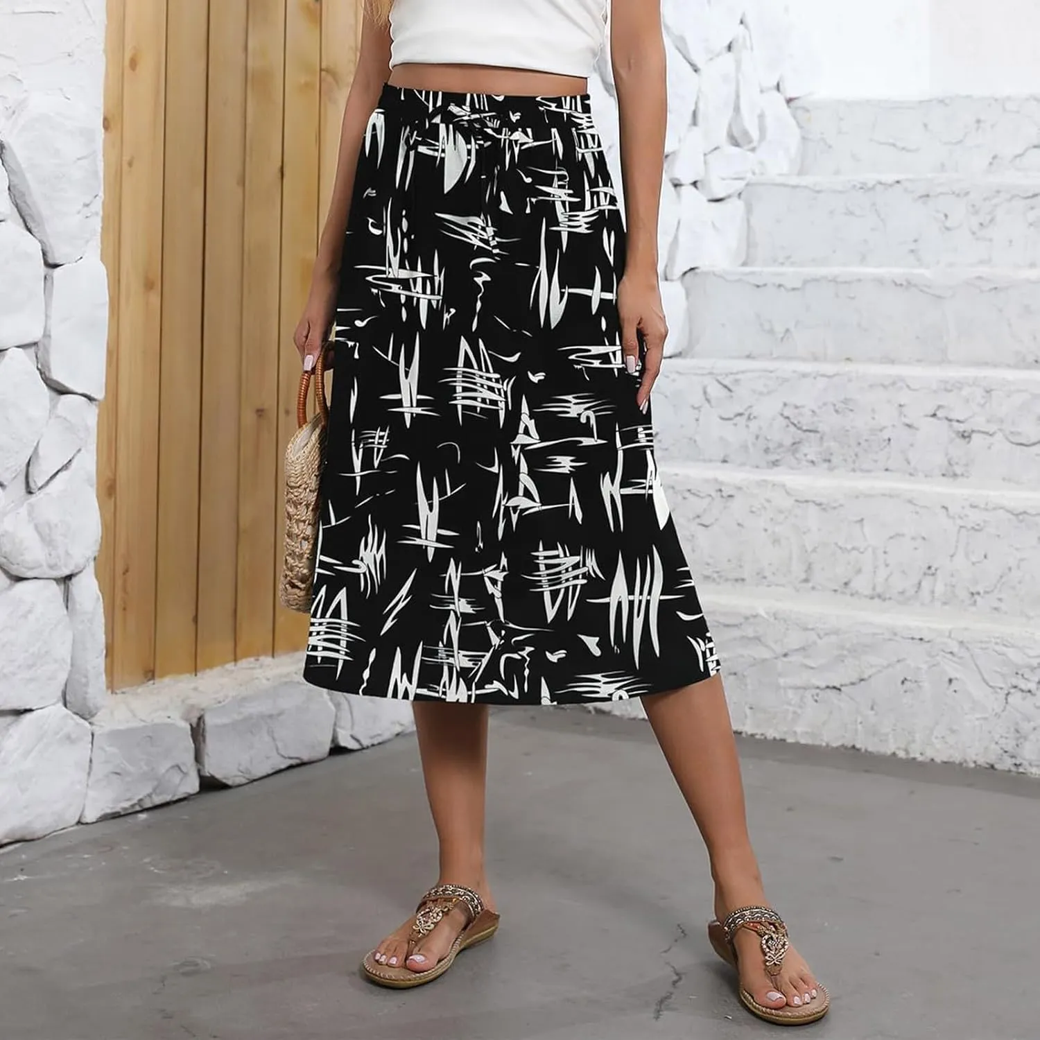 Summer Skirts for Women 2025 A Line Floral Print Midi Length Skirt Tie Knot Stretchy Beach Pleated Skirts with Pockets