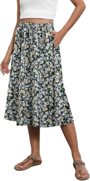 Summer Skirts for Women 2025 A Line Floral Print Midi Length Skirt Tie Knot Stretchy Beach Pleated Skirts with Pockets