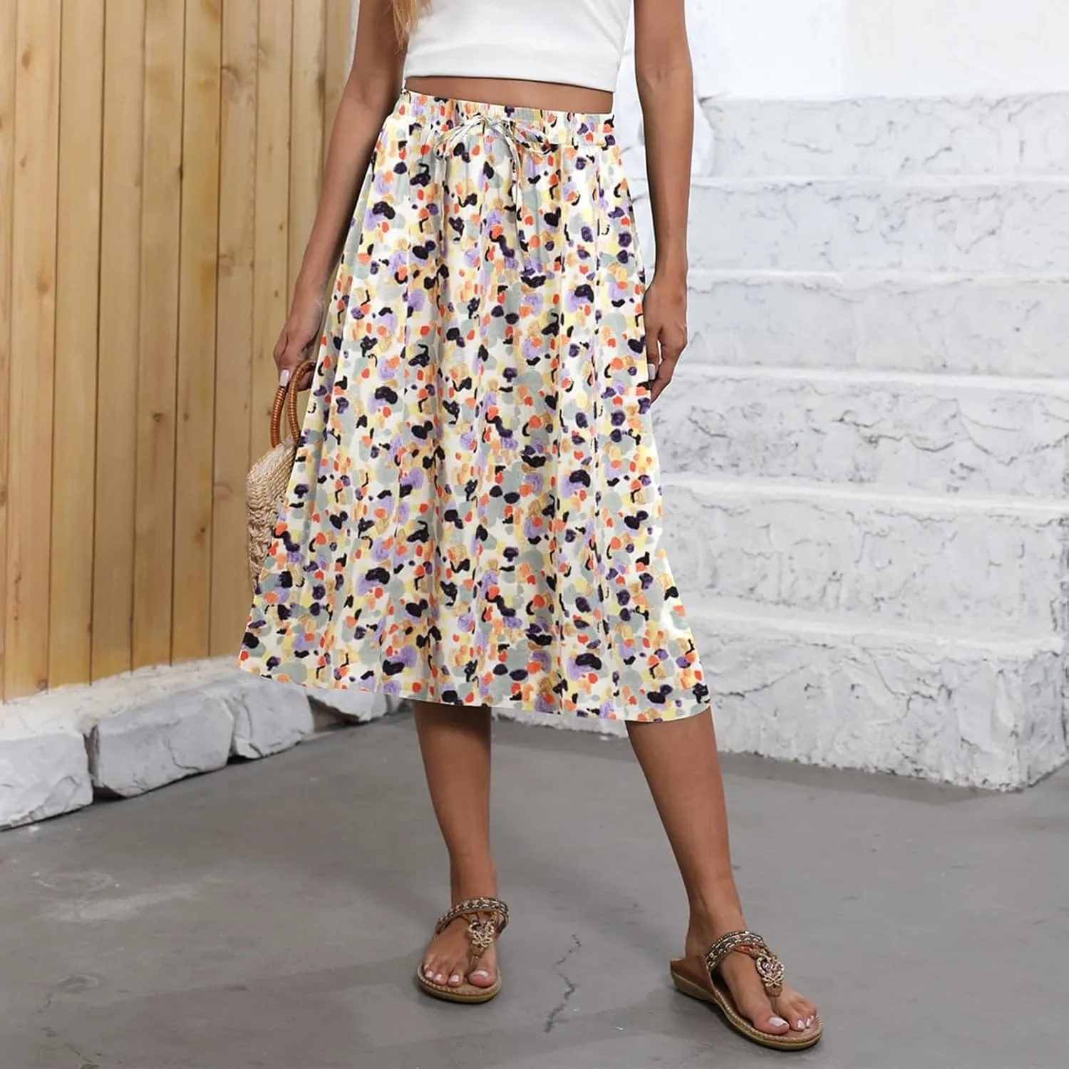 Summer Skirts for Women 2025 A Line Floral Print Midi Length Skirt Tie Knot Stretchy Beach Pleated Skirts with Pockets