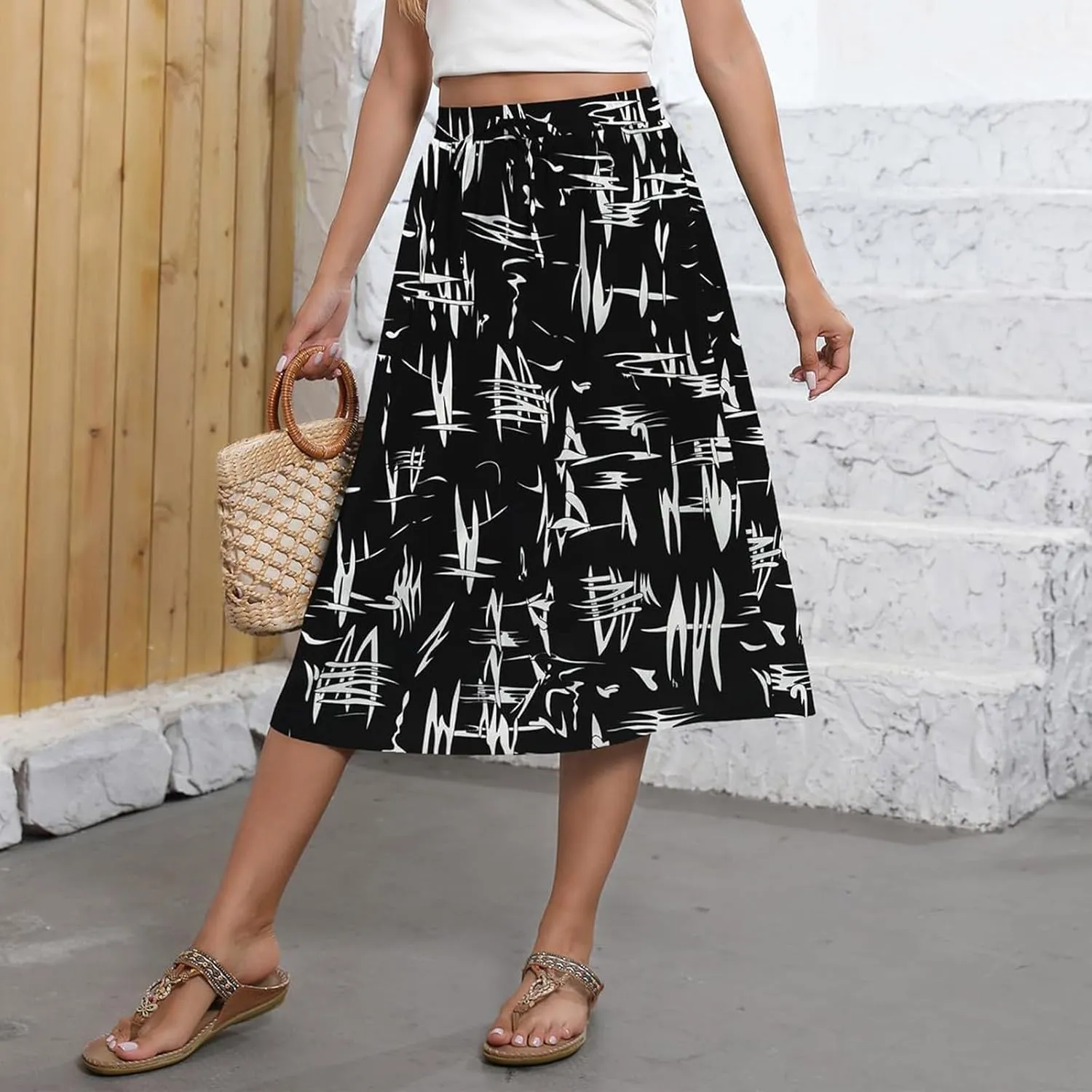 Summer Skirts for Women 2025 A Line Floral Print Midi Length Skirt Tie Knot Stretchy Beach Pleated Skirts with Pockets