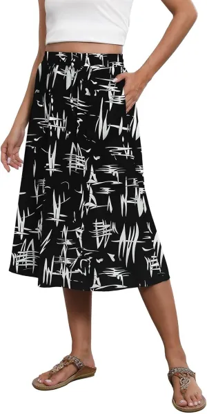 Summer Skirts for Women 2025 A Line Floral Print Midi Length Skirt Tie Knot Stretchy Beach Pleated Skirts with Pockets