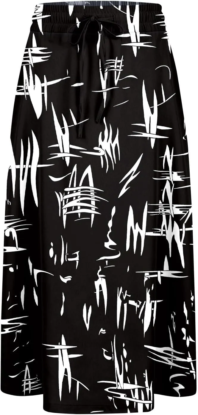 Summer Skirts for Women 2025 A Line Floral Print Midi Length Skirt Tie Knot Stretchy Beach Pleated Skirts with Pockets