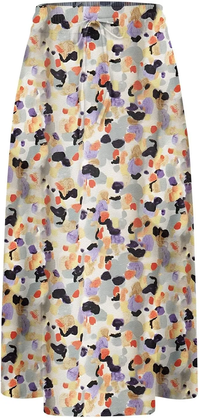 Summer Skirts for Women 2025 A Line Floral Print Midi Length Skirt Tie Knot Stretchy Beach Pleated Skirts with Pockets