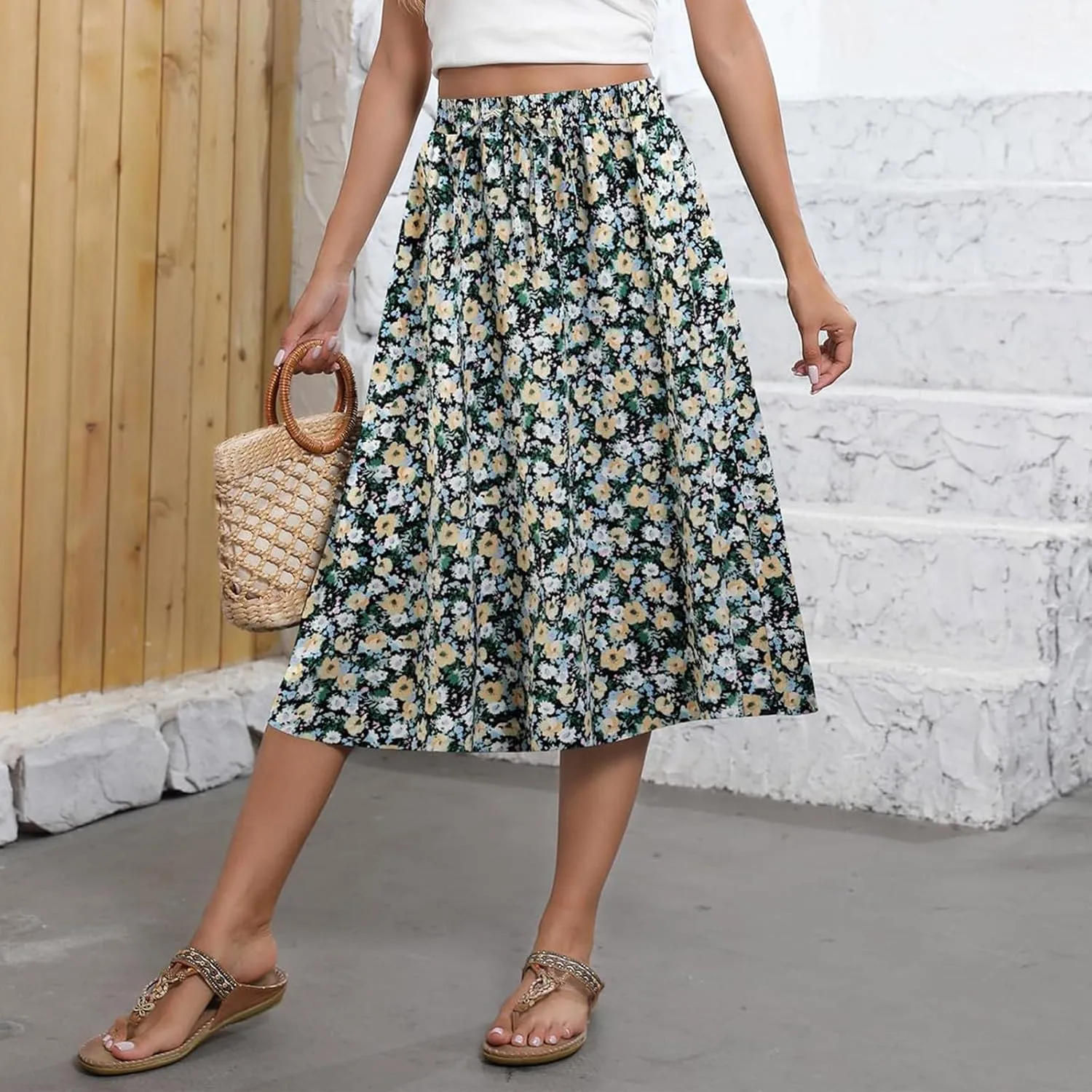 Summer Skirts for Women 2025 A Line Floral Print Midi Length Skirt Tie Knot Stretchy Beach Pleated Skirts with Pockets