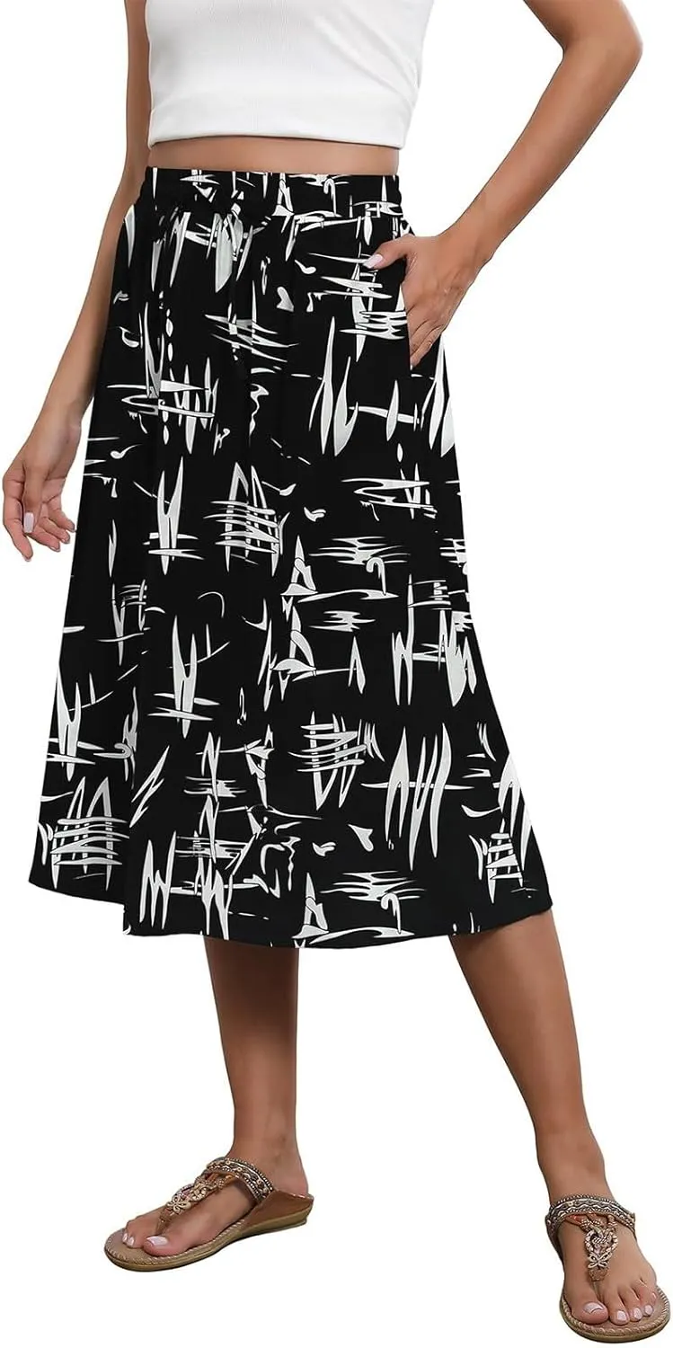 Summer Skirts for Women 2025 A Line Floral Print Midi Length Skirt Tie Knot Stretchy Beach Pleated Skirts with Pockets