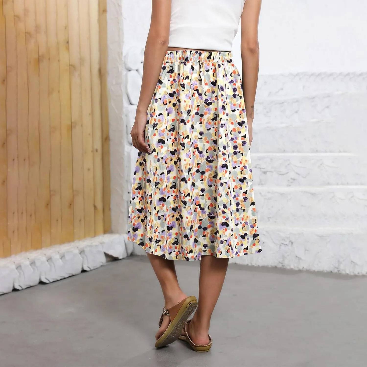 Summer Skirts for Women 2025 A Line Floral Print Midi Length Skirt Tie Knot Stretchy Beach Pleated Skirts with Pockets
