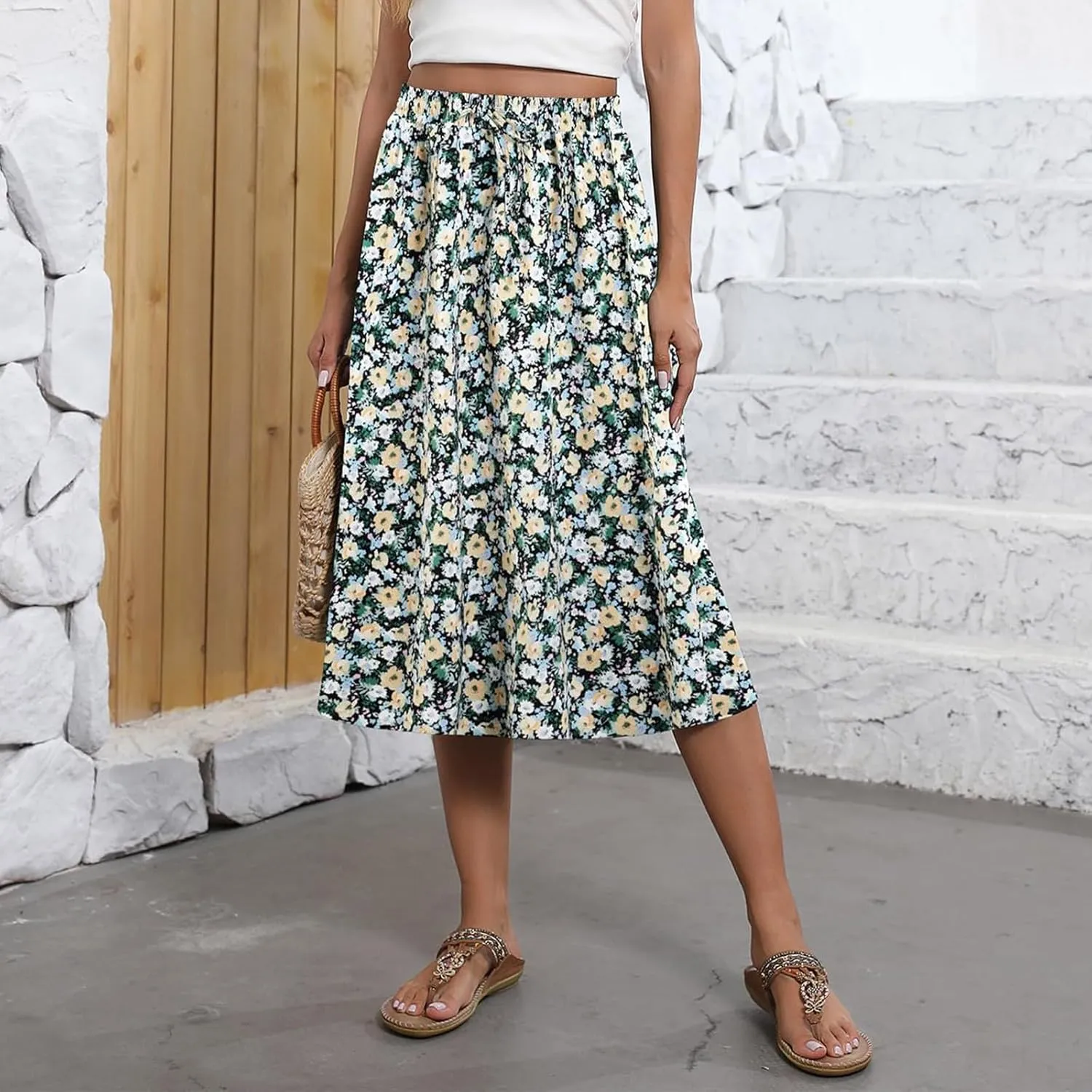 Summer Skirts for Women 2025 A Line Floral Print Midi Length Skirt Tie Knot Stretchy Beach Pleated Skirts with Pockets