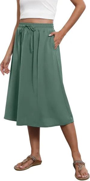 Summer Skirts for Women 2025 A Line Floral Print Midi Length Skirt Tie Knot Stretchy Beach Pleated Skirts with Pockets