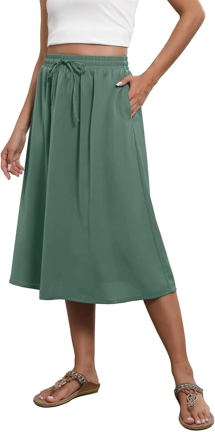 Summer Skirts for Women 2025 A Line Floral Print Midi Length Skirt Tie Knot Stretchy Beach Pleated Skirts with Pockets