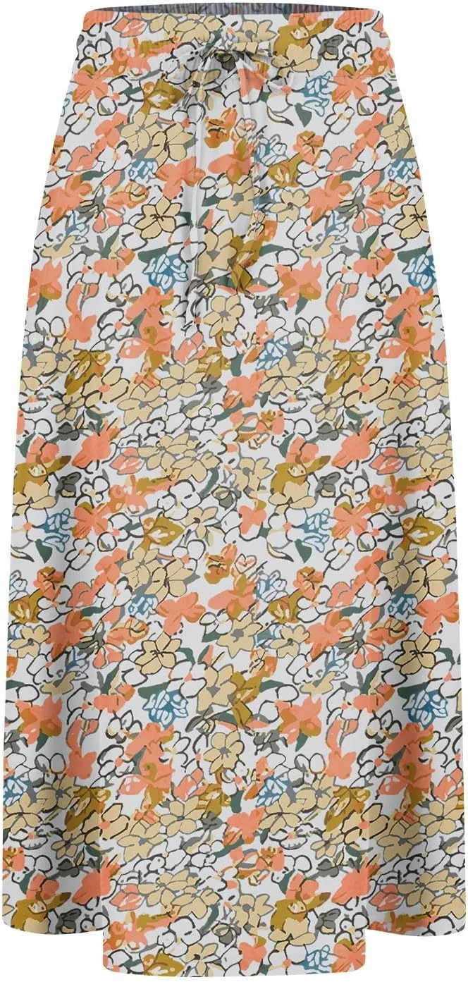 Summer Skirts for Women 2025 A Line Floral Print Midi Length Skirt Tie Knot Stretchy Beach Pleated Skirts with Pockets