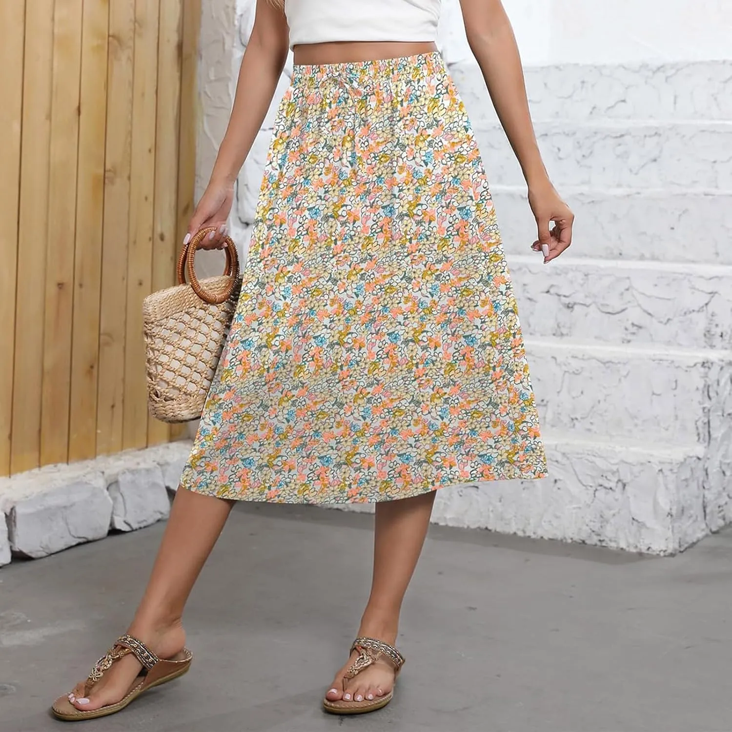 Summer Skirts for Women 2025 A Line Floral Print Midi Length Skirt Tie Knot Stretchy Beach Pleated Skirts with Pockets