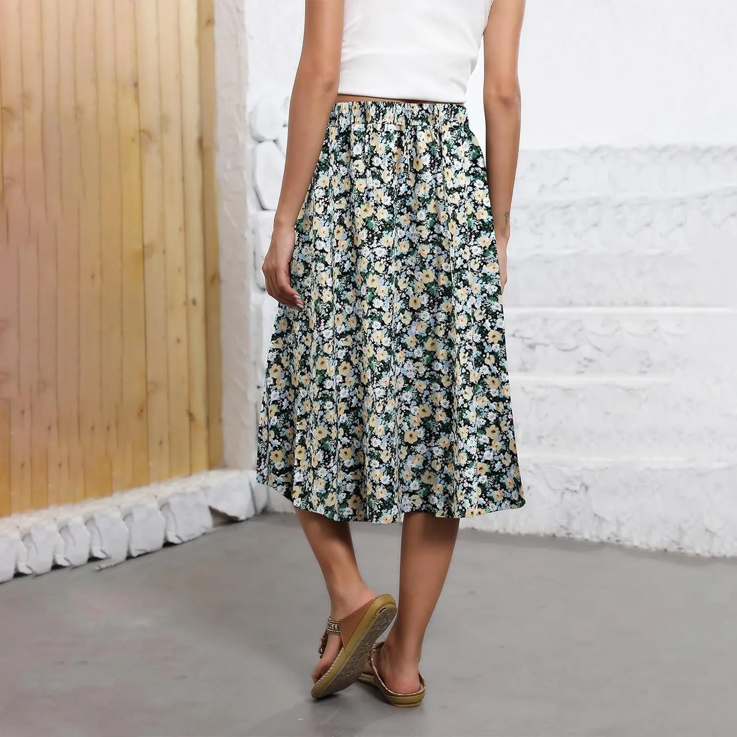 Summer Skirts for Women 2025 A Line Floral Print Midi Length Skirt Tie Knot Stretchy Beach Pleated Skirts with Pockets