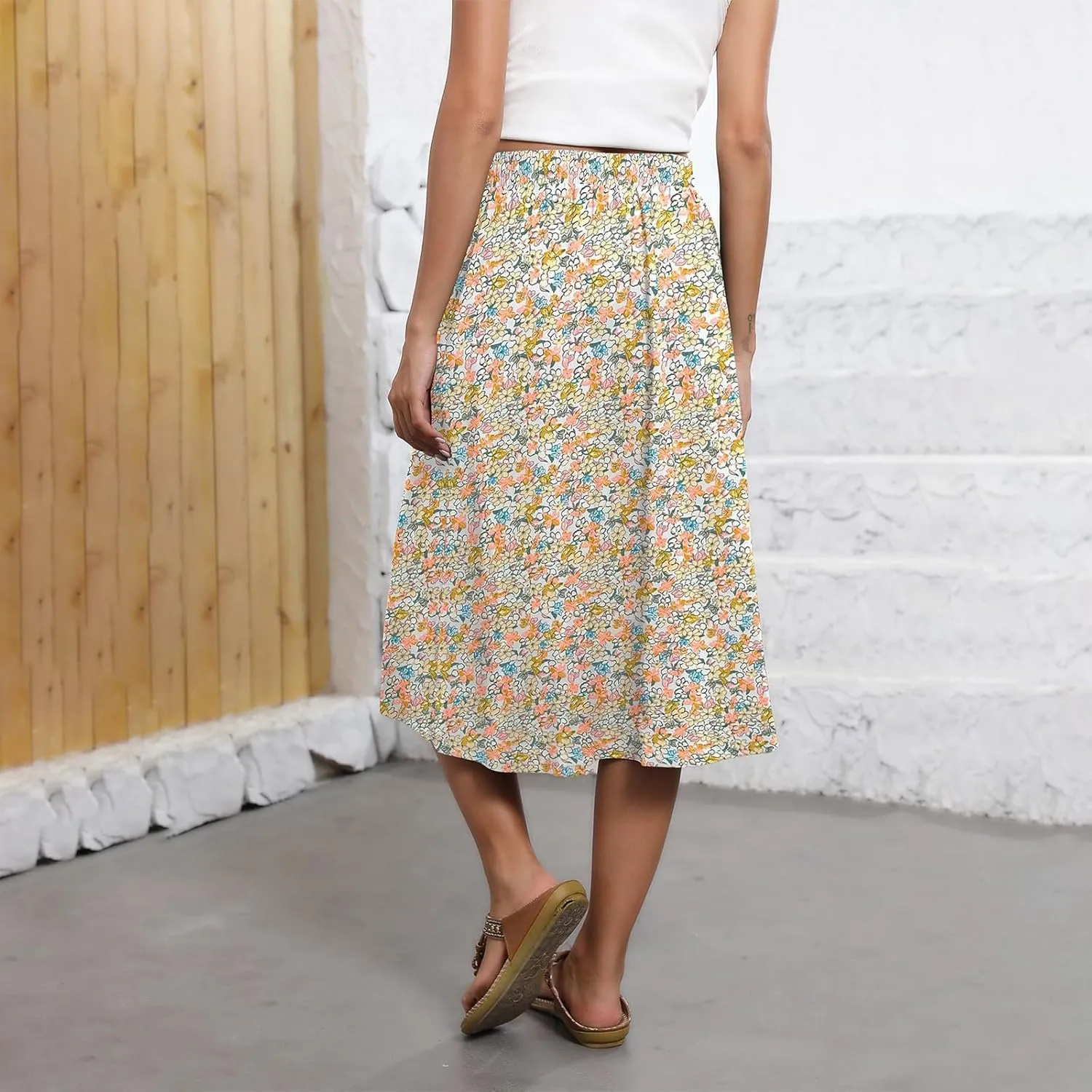 Summer Skirts for Women 2025 A Line Floral Print Midi Length Skirt Tie Knot Stretchy Beach Pleated Skirts with Pockets