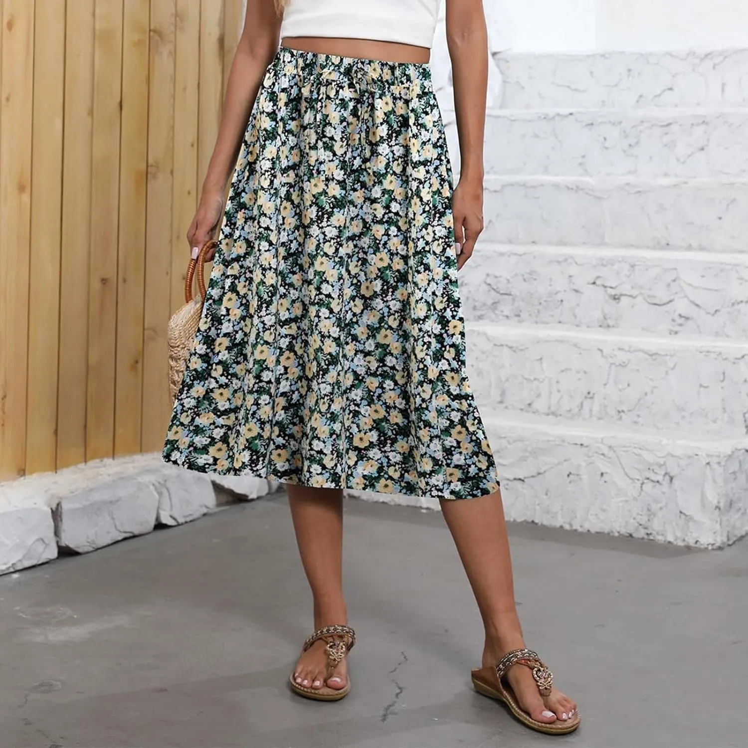 Summer Skirts for Women 2025 A Line Floral Print Midi Length Skirt Tie Knot Stretchy Beach Pleated Skirts with Pockets