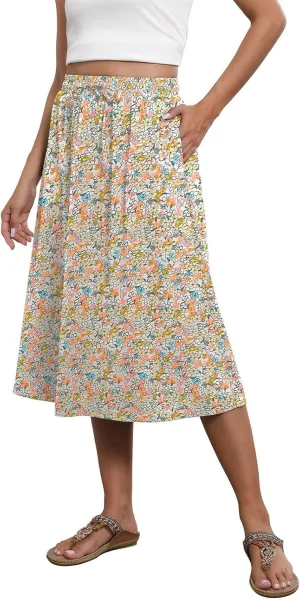 Summer Skirts for Women 2025 A Line Floral Print Midi Length Skirt Tie Knot Stretchy Beach Pleated Skirts with Pockets