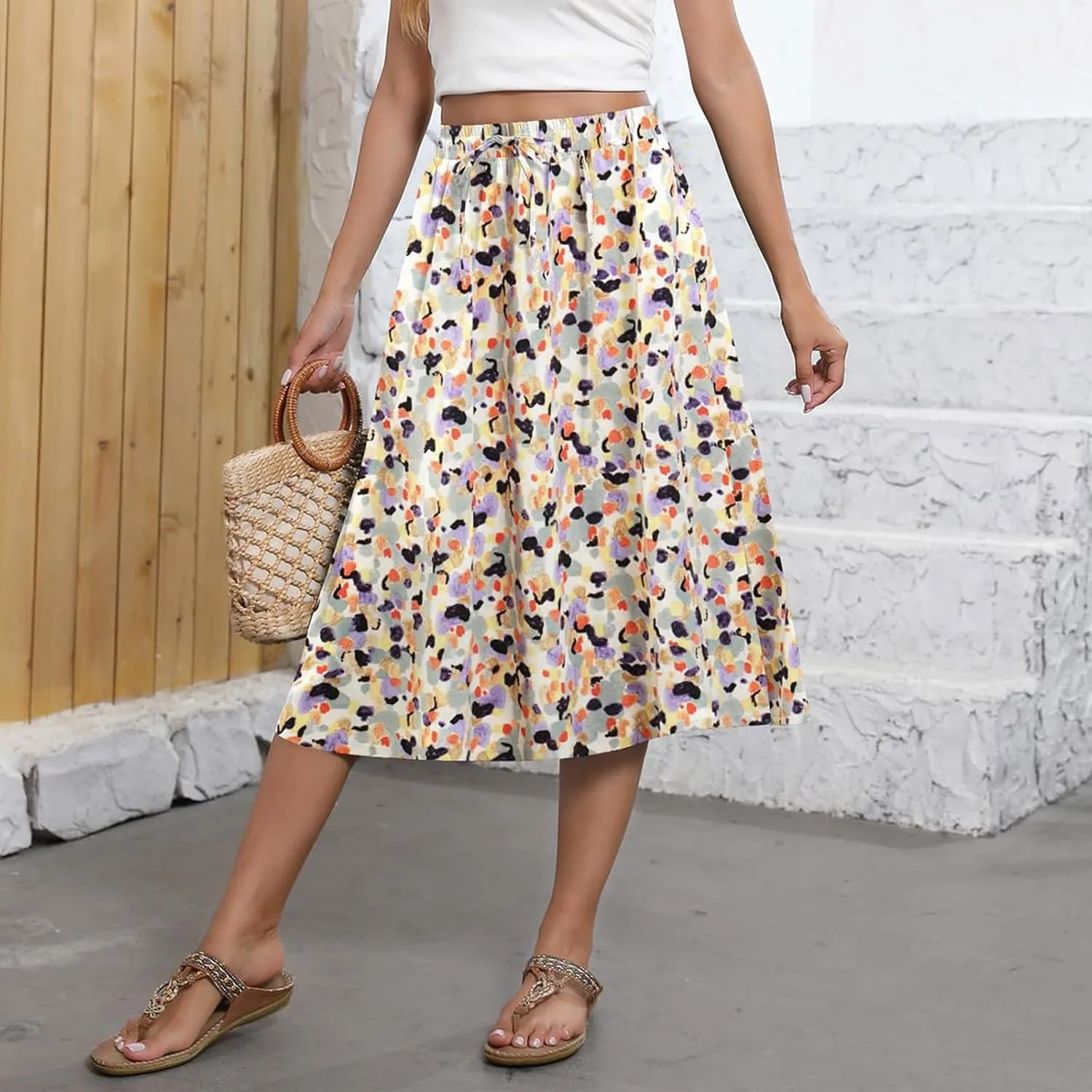 Summer Skirts for Women 2025 A Line Floral Print Midi Length Skirt Tie Knot Stretchy Beach Pleated Skirts with Pockets
