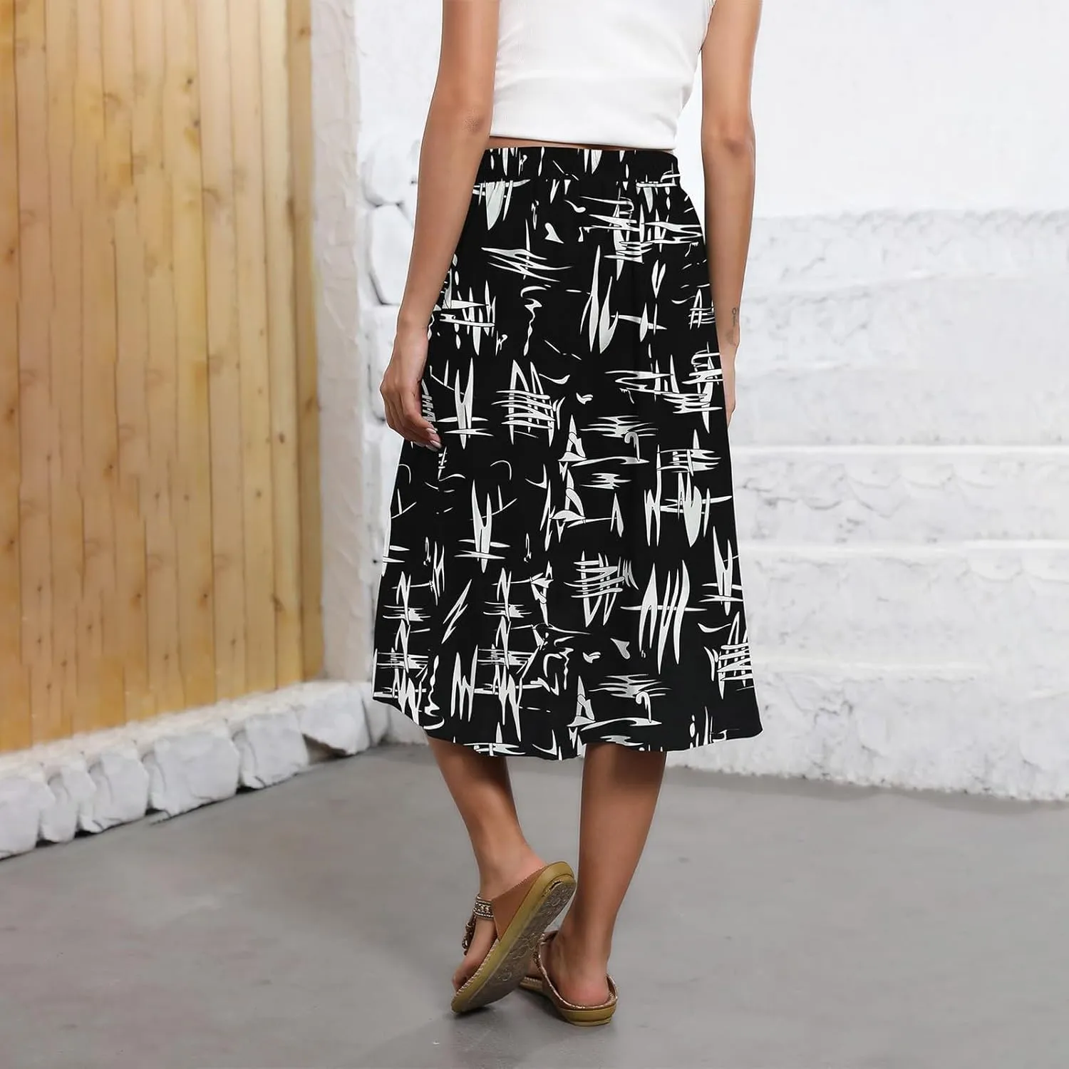 Summer Skirts for Women 2025 A Line Floral Print Midi Length Skirt Tie Knot Stretchy Beach Pleated Skirts with Pockets