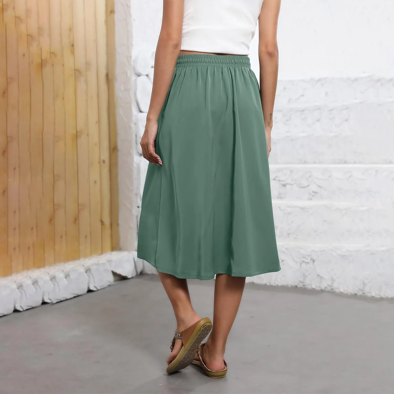 Summer Skirts for Women 2025 A Line Floral Print Midi Length Skirt Tie Knot Stretchy Beach Pleated Skirts with Pockets