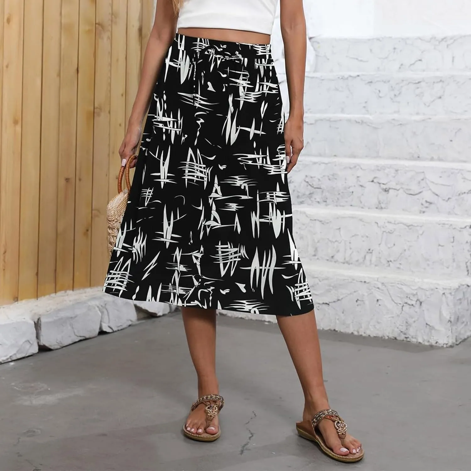 Summer Skirts for Women 2025 A Line Floral Print Midi Length Skirt Tie Knot Stretchy Beach Pleated Skirts with Pockets