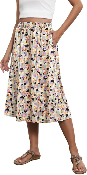 Summer Skirts for Women 2025 A Line Floral Print Midi Length Skirt Tie Knot Stretchy Beach Pleated Skirts with Pockets