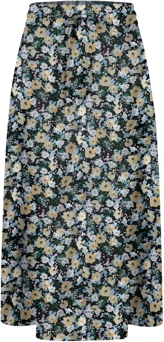 Summer Skirts for Women 2025 A Line Floral Print Midi Length Skirt Tie Knot Stretchy Beach Pleated Skirts with Pockets