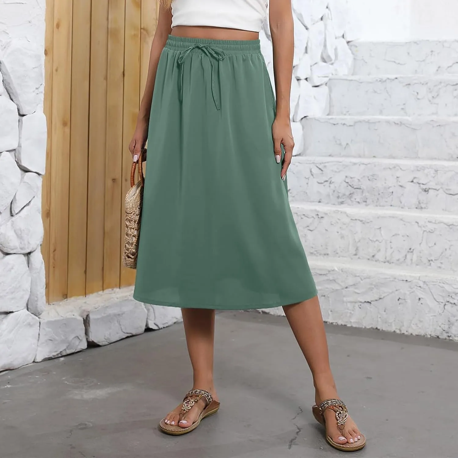 Summer Skirts for Women 2025 A Line Floral Print Midi Length Skirt Tie Knot Stretchy Beach Pleated Skirts with Pockets