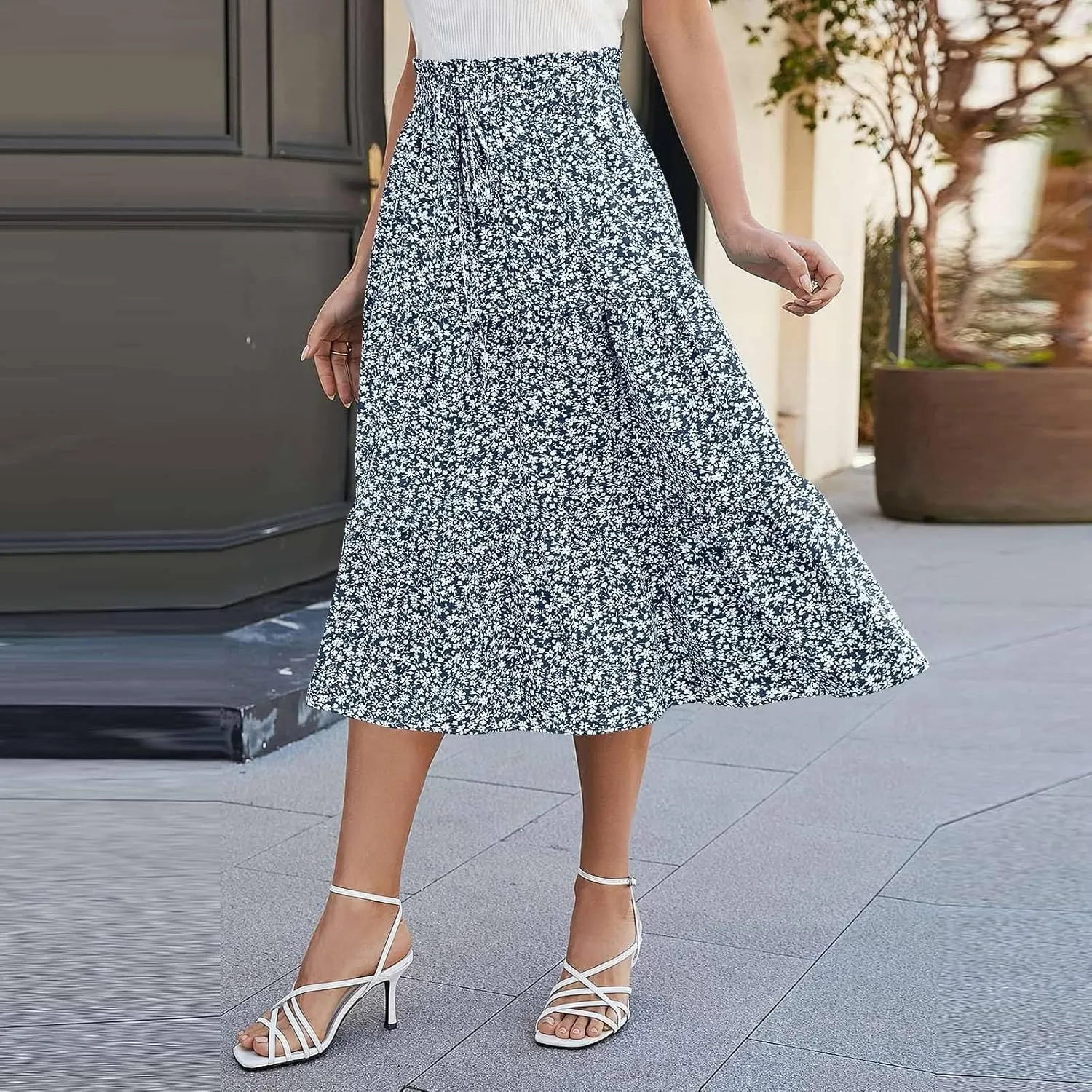 Summer Skirts for Women 2025 Boho Casual Pleated High Waisted Floral Midi Skirt Elastic Tie Knot Flowy A line Skirts
