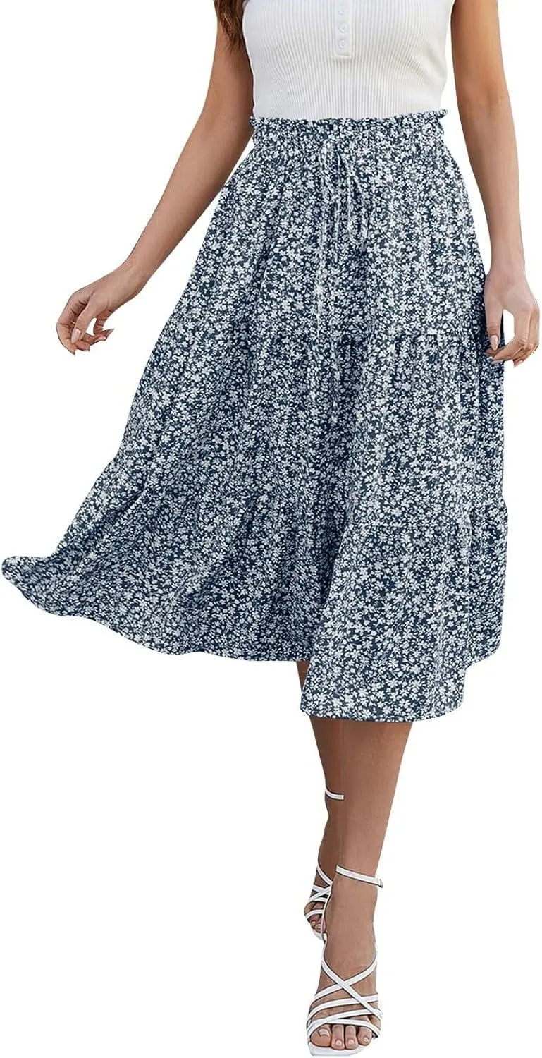 Summer Skirts for Women 2025 Boho Casual Pleated High Waisted Floral Midi Skirt Elastic Tie Knot Flowy A line Skirts