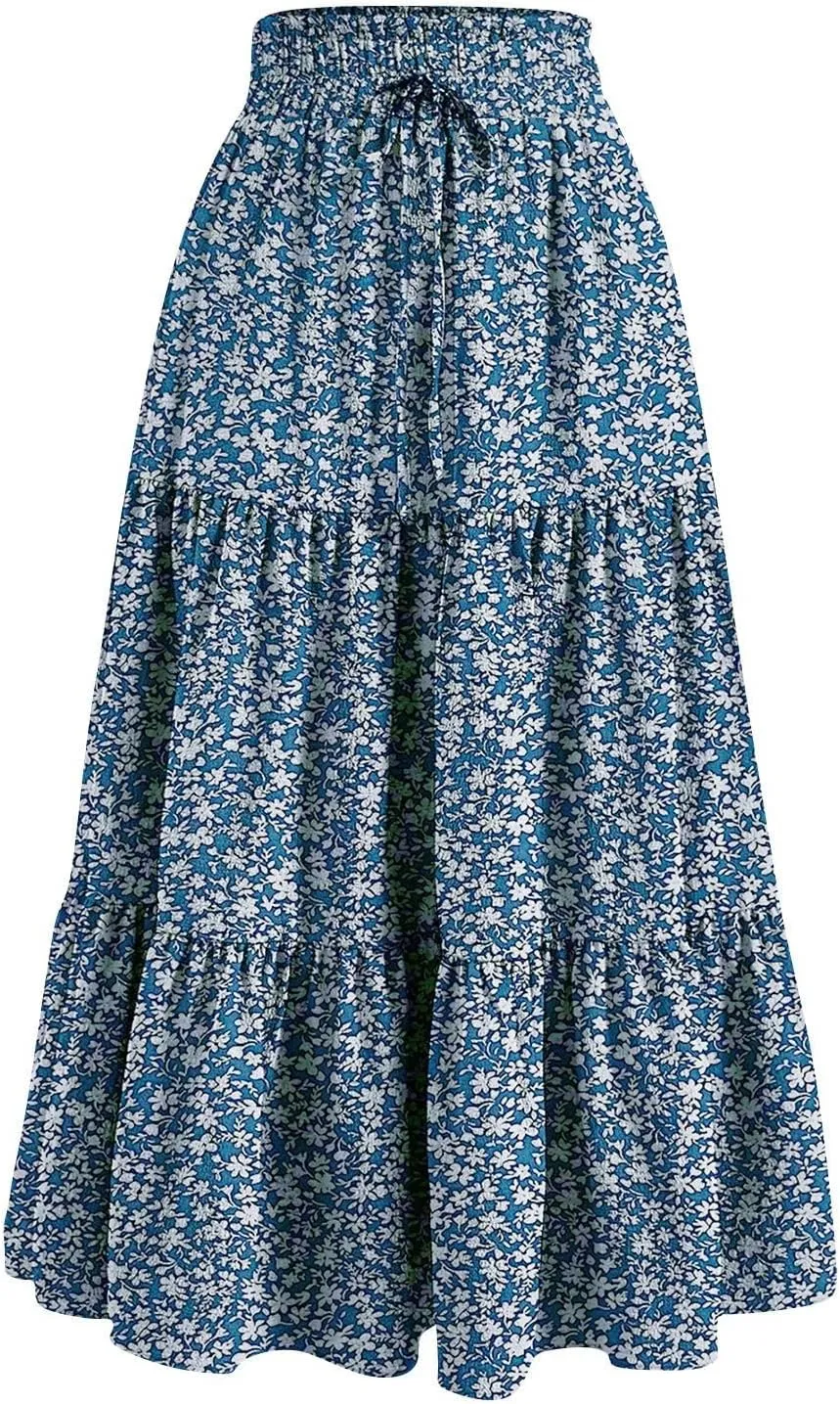 Summer Skirts for Women 2025 Boho Casual Pleated High Waisted Floral Midi Skirt Elastic Tie Knot Flowy A line Skirts