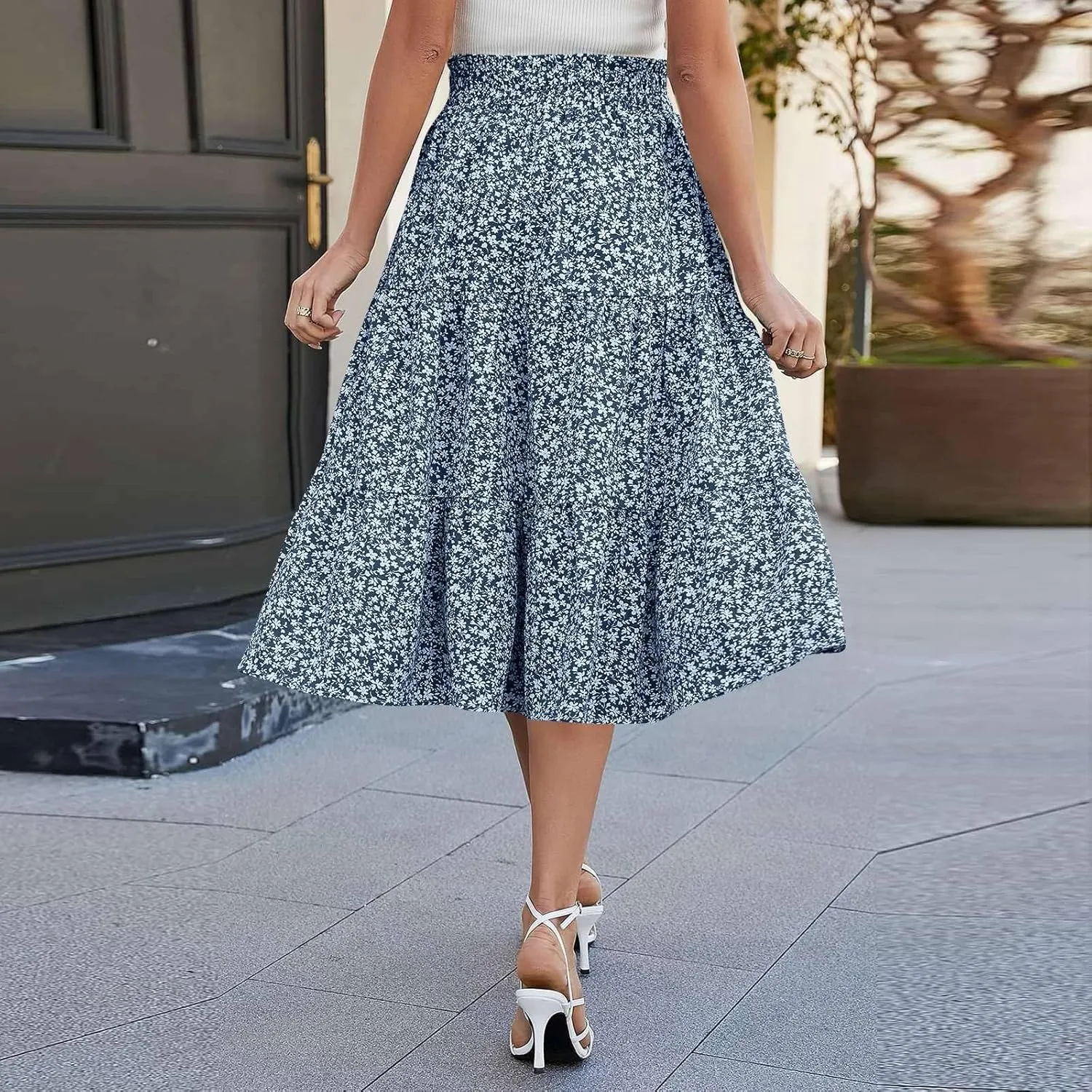 Summer Skirts for Women 2025 Boho Casual Pleated High Waisted Floral Midi Skirt Elastic Tie Knot Flowy A line Skirts