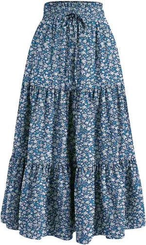 Summer Skirts for Women 2025 Boho Casual Pleated High Waisted Floral Midi Skirt Elastic Tie Knot Flowy A line Skirts