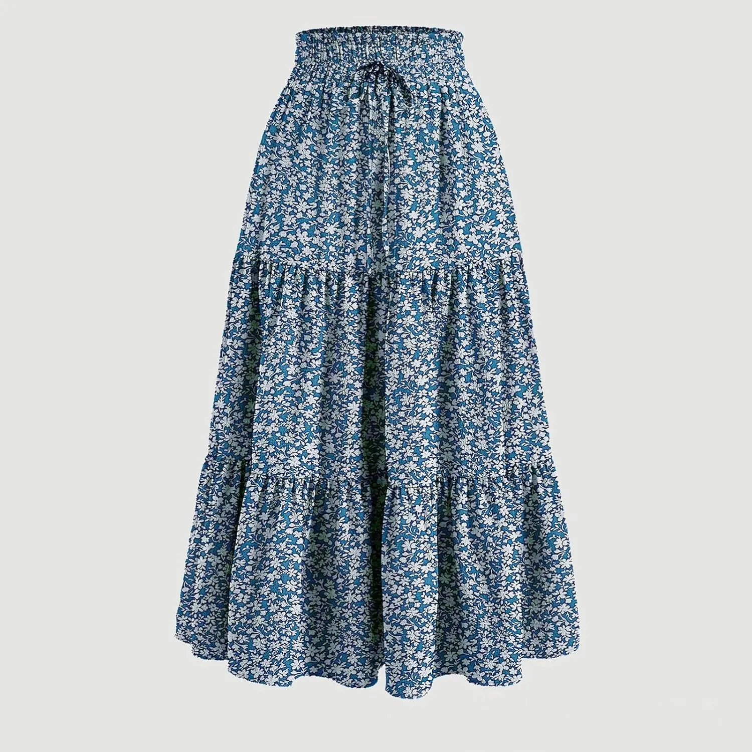 Summer Skirts for Women 2025 Boho Casual Pleated High Waisted Floral Midi Skirt Elastic Tie Knot Flowy A line Skirts