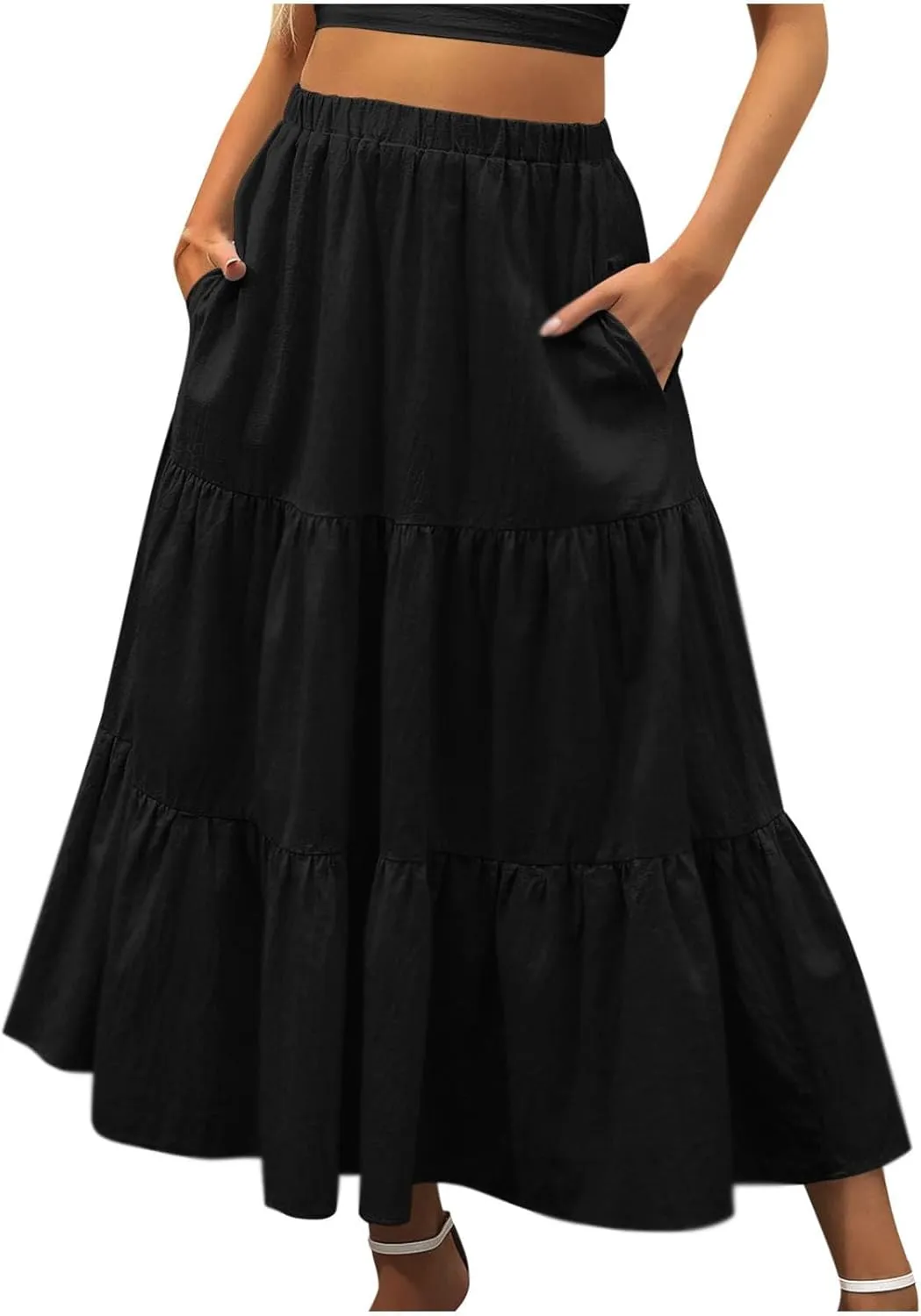 Summer Skirts for Women 2025 Casual Flowy Beach Long Pleated Skirt Cute Elastic Waisted Maxi Skirt with Pockets