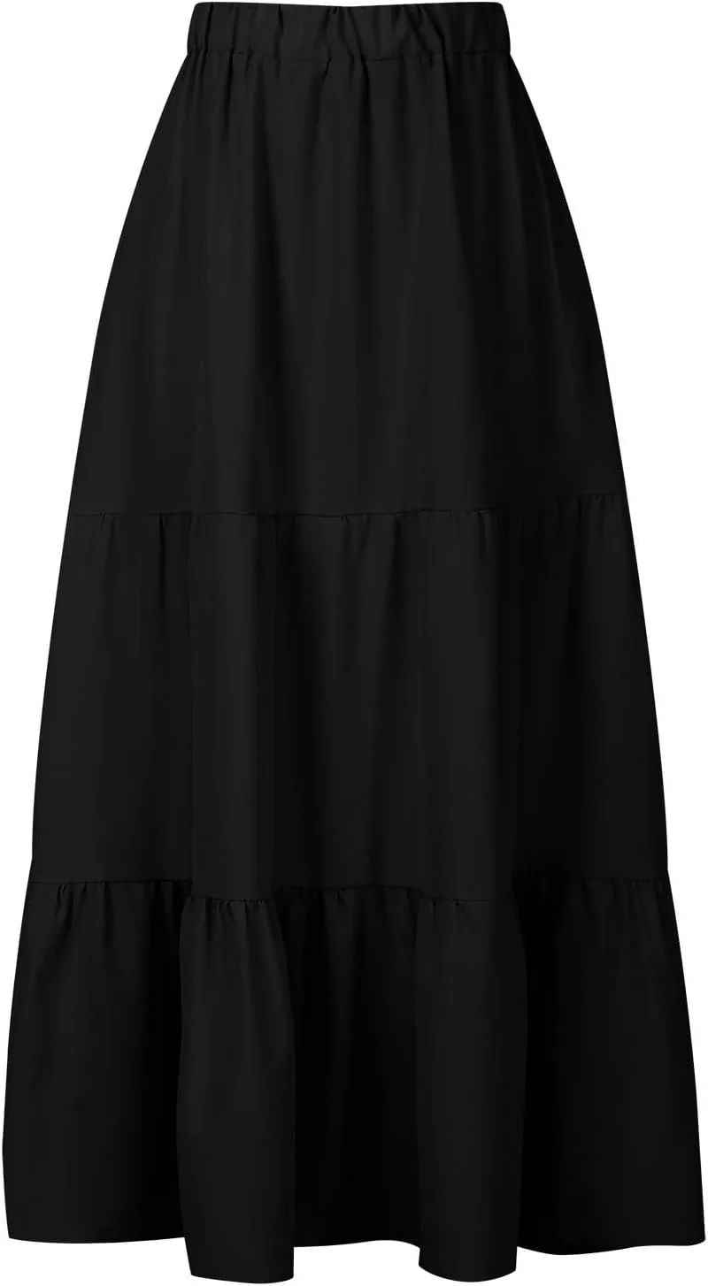 Summer Skirts for Women 2025 Casual Flowy Beach Long Pleated Skirt Cute Elastic Waisted Maxi Skirt with Pockets