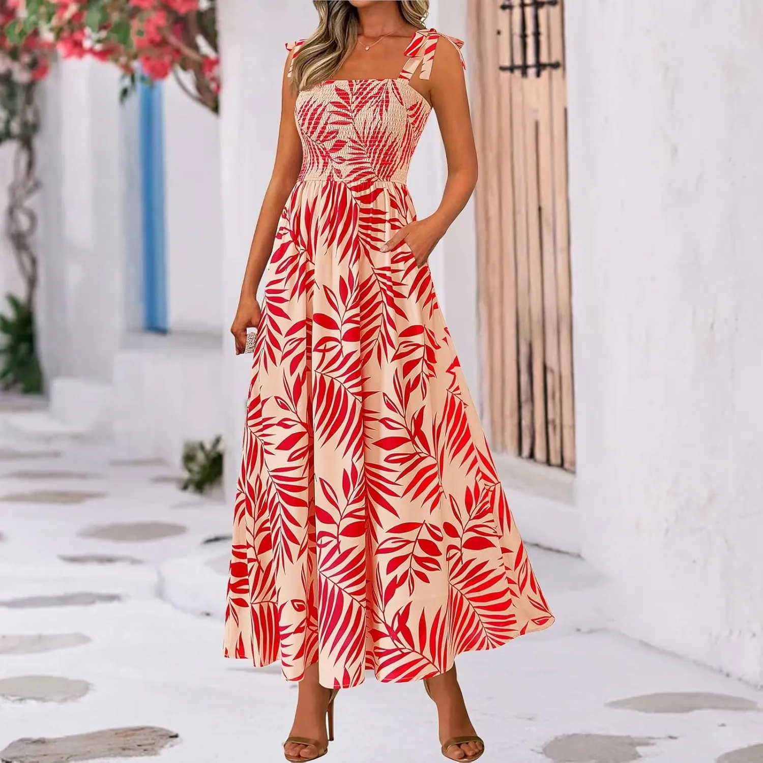 Summer Sun Dresses for Women 2025 Tie Shoulder Floral Maxi Dress A Line Ruffle Smocked Empire Waist Dress with Pocket