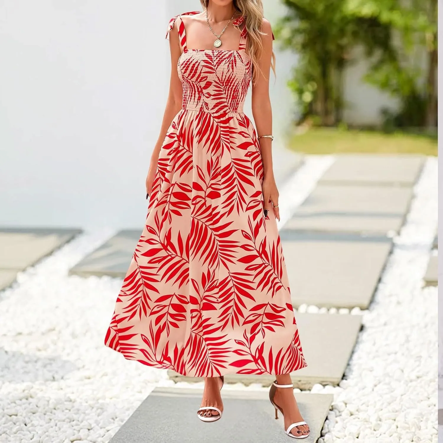 Summer Sun Dresses for Women 2025 Tie Shoulder Floral Maxi Dress A Line Ruffle Smocked Empire Waist Dress with Pocket