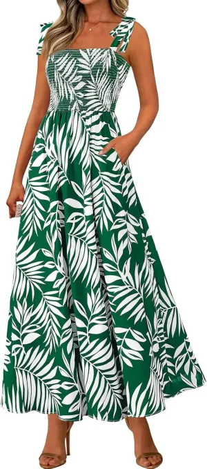 Summer Sun Dresses for Women 2025 Tie Shoulder Floral Maxi Dress A Line Ruffle Smocked Empire Waist Dress with Pocket
