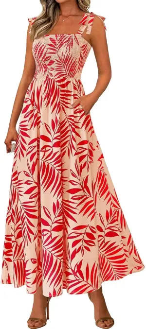Summer Sun Dresses for Women 2025 Tie Shoulder Floral Maxi Dress A Line Ruffle Smocked Empire Waist Dress with Pocket