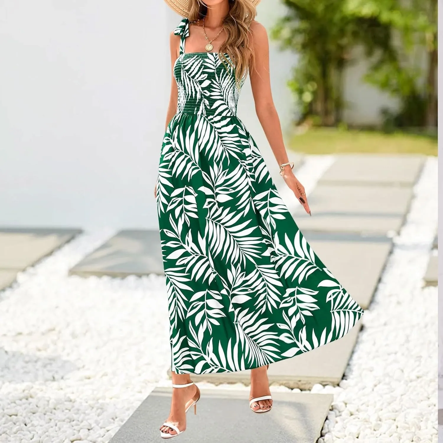 Summer Sun Dresses for Women 2025 Tie Shoulder Floral Maxi Dress A Line Ruffle Smocked Empire Waist Dress with Pocket