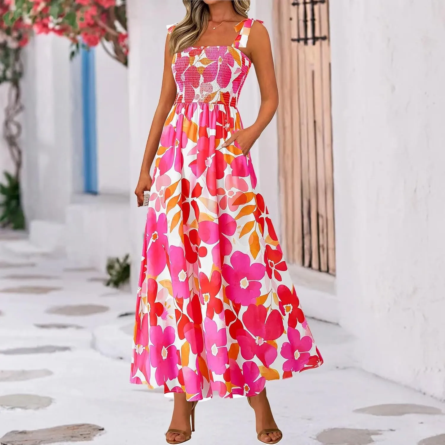 Summer Sun Dresses for Women 2025 Tie Shoulder Floral Maxi Dress A Line Ruffle Smocked Empire Waist Dress with Pocket