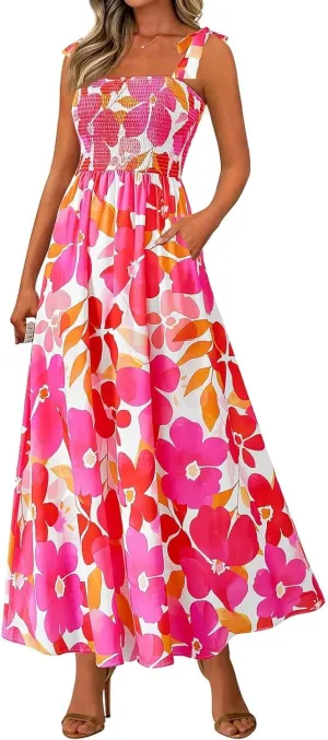 Summer Sun Dresses for Women 2025 Tie Shoulder Floral Maxi Dress A Line Ruffle Smocked Empire Waist Dress with Pocket