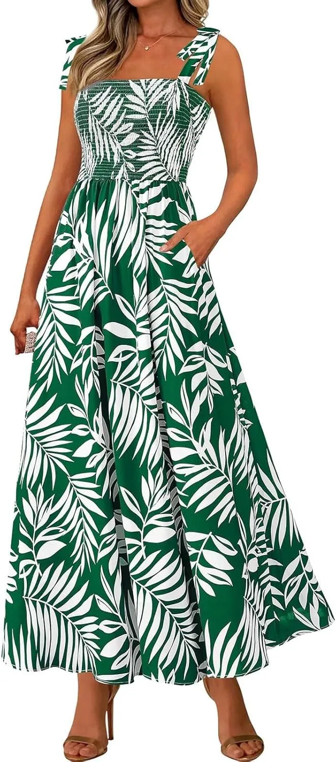 Summer Sun Dresses for Women 2025 Tie Shoulder Floral Maxi Dress A Line Ruffle Smocked Empire Waist Dress with Pocket