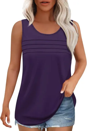 Summer Tank Tops for Women Sleeveless Crew Neck Pleated Solid Blouses Boho Casual Loose Tops Basic Shirts