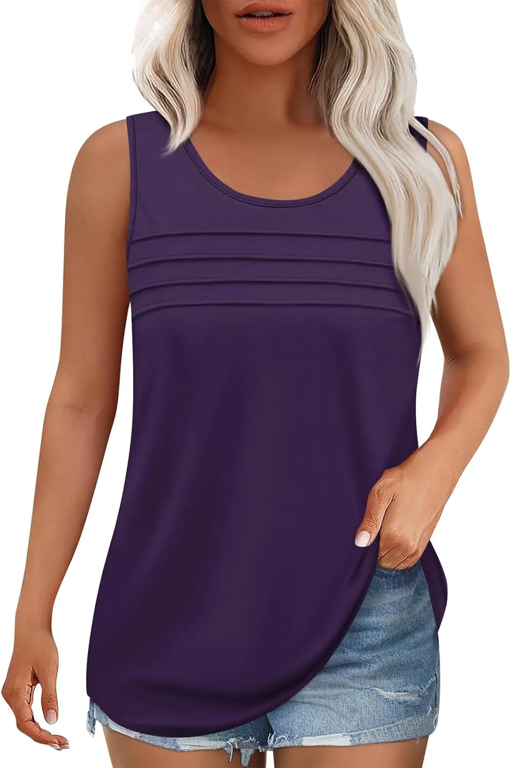 Summer Tank Tops for Women Sleeveless Crew Neck Pleated Solid Blouses Boho Casual Loose Tops Basic Shirts