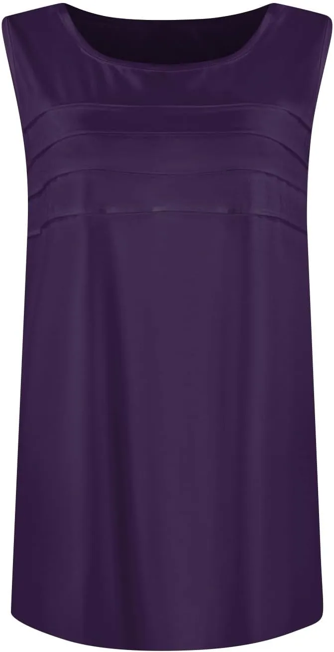 Summer Tank Tops for Women Sleeveless Crew Neck Pleated Solid Blouses Boho Casual Loose Tops Basic Shirts