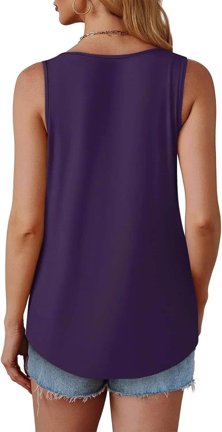 Summer Tank Tops for Women Sleeveless Crew Neck Pleated Solid Blouses Boho Casual Loose Tops Basic Shirts