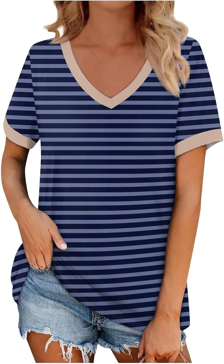 Summer Tops for Women 2024 Casual Trendy Short Sleeve Striped Color Block Blouses Soft Comfy Office Work T Shirts