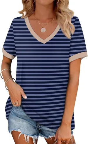 Summer Tops for Women 2024 Casual Trendy Short Sleeve Striped Color Block Blouses Soft Comfy Office Work T Shirts